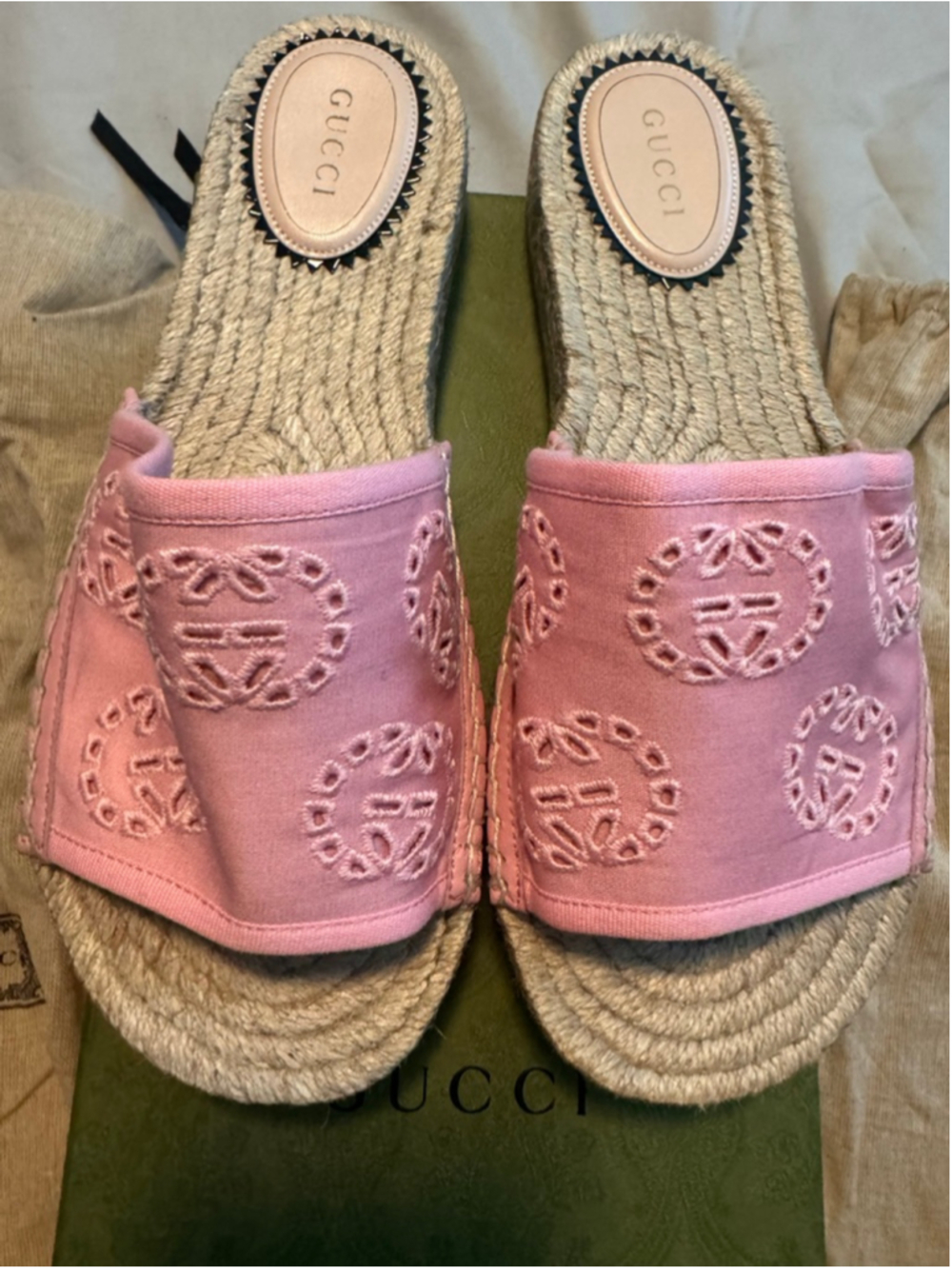 Gucci Damita Pink Logo GG Espadrille Slide Platform Slip on Sandal Shoe 38.5